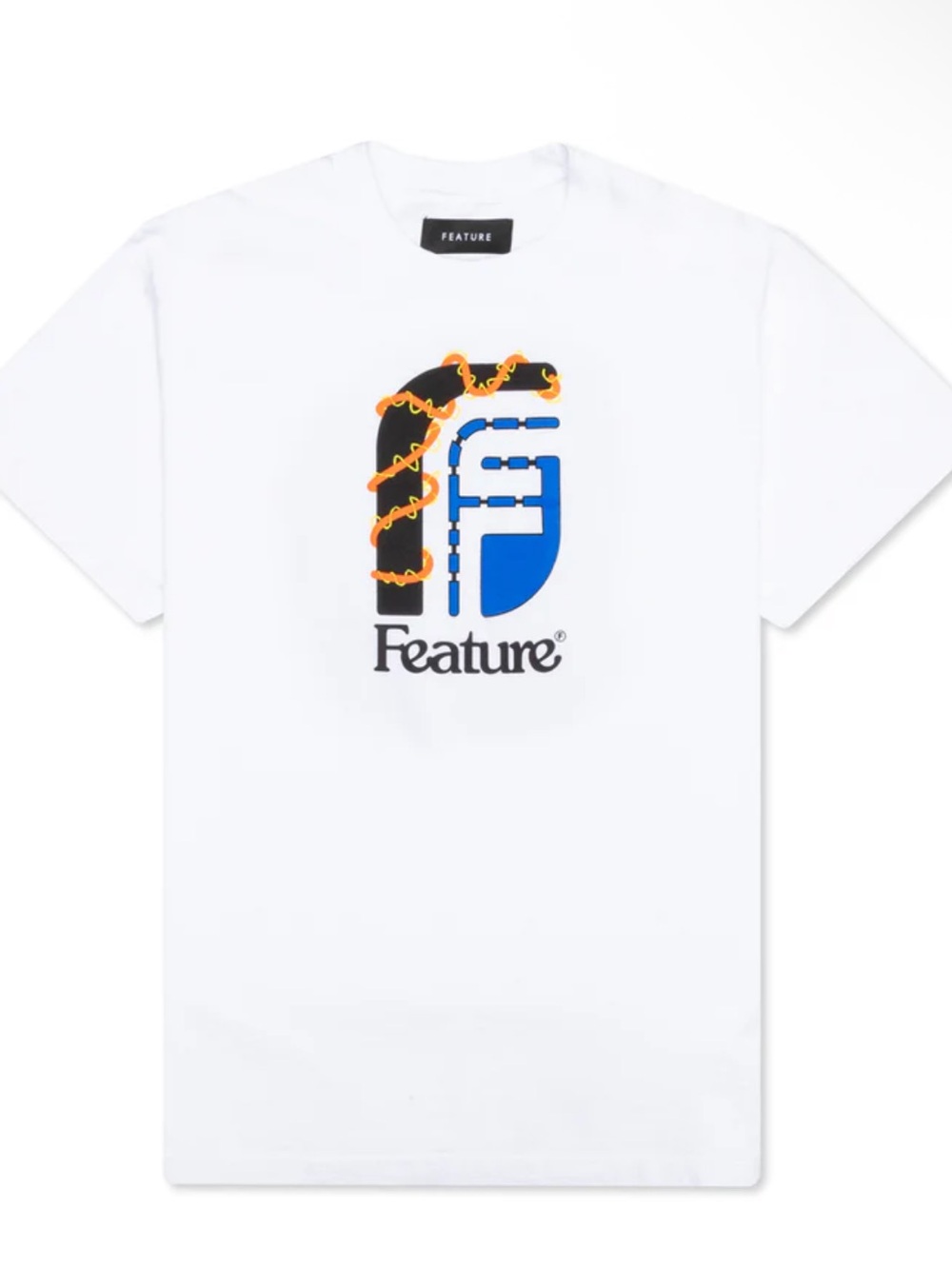 Feature White Graphic Tee with Orange & Blue F Logo